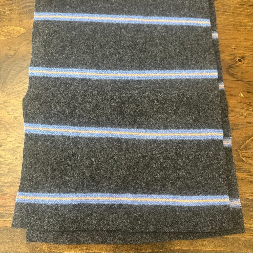 Drake’s Ben Silver Scarf Hat Glove Set Lambs Wool Dark Gray Blue Stripe